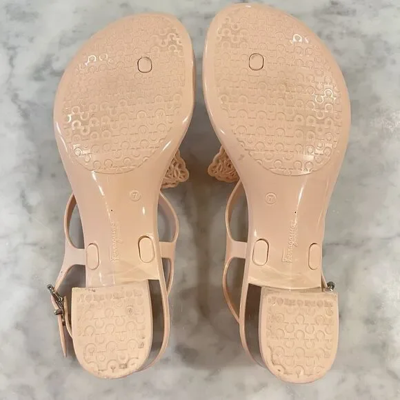 Salvatore Ferragamo Pale Pink Perala Jelly Buckle Lace Bow Sandals Heels Size 7 - Picture 12 of 12